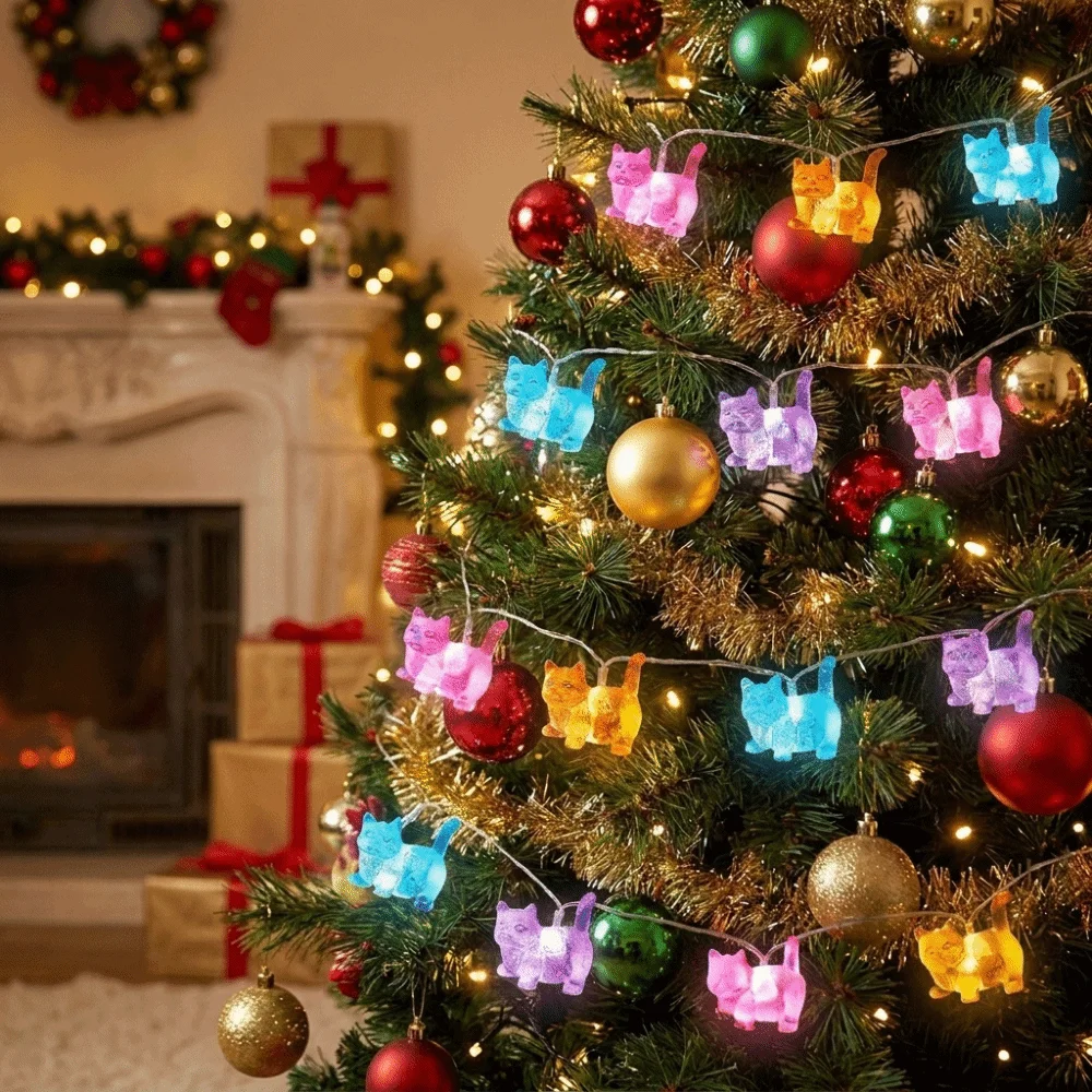 10/20pcs Lights Cat Shaped String Lights Battery Operated Cartoon Kitten Decorative Light Cute Party String Lights Bedroom