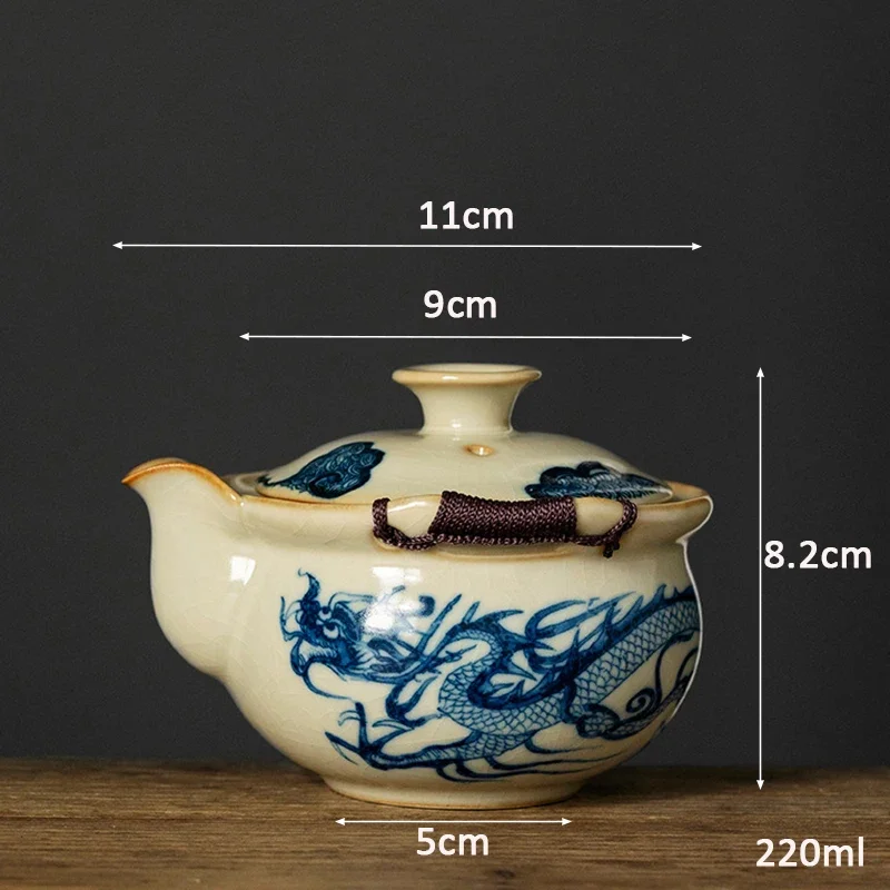 Ru Kiln Cha Wan Tea Cup Blue and White Hand Grab Pot Chinese Kungfu Tea Maker Imitation Yuan Blue and White Dragon Pattern