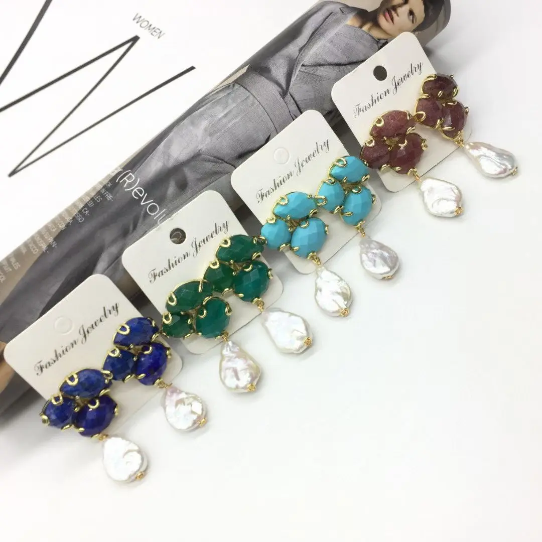 WT-MPE168 High Quality Handmade Three Natural Gemstones And Pearl Ladies Drop Earrings For Fashion Elegant Jewelry Gift