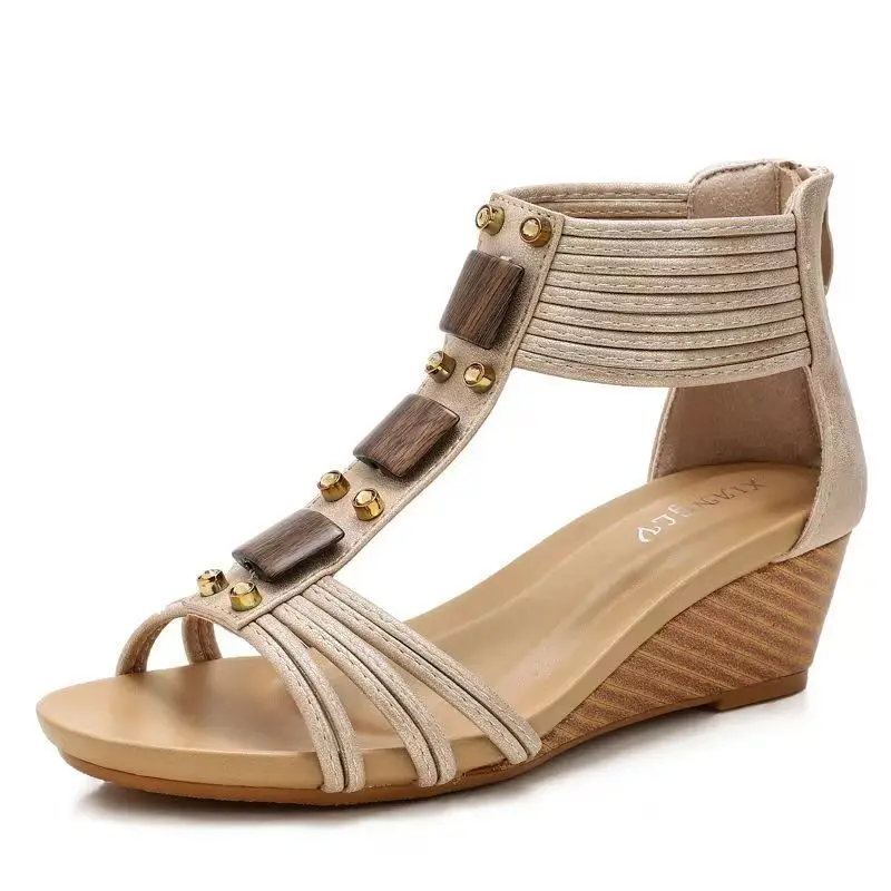 

Women Big Size Open Toe String Bead Wedges Sandal Summer New Soft sole Non Slip Ethnic Style High Top Outdoor Bach Sandals