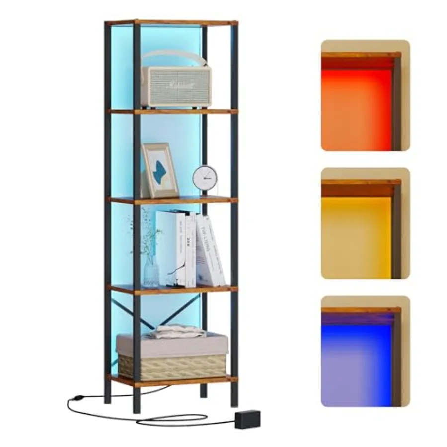 5-Tier Bookshelf Tall Narrow Bookcase with LED Lights Book Shelf with Steel Frame Office Furniture Display Storage Shelf for Li