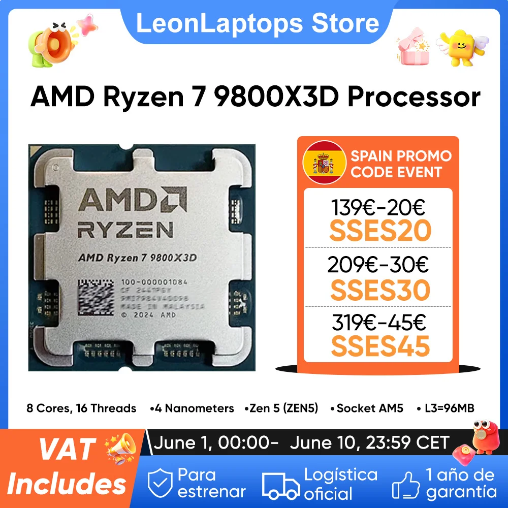 Procesador AMD Ryzen 7 9800X3D, 8 Núcleos/16 Hilos, 120W, hasta 5.2 GHz, L3=96M, L2=8M, 5NM, DDR5, Socket AM5, Procesador para Juegos AMD 9800X3D, Sin Ventilador