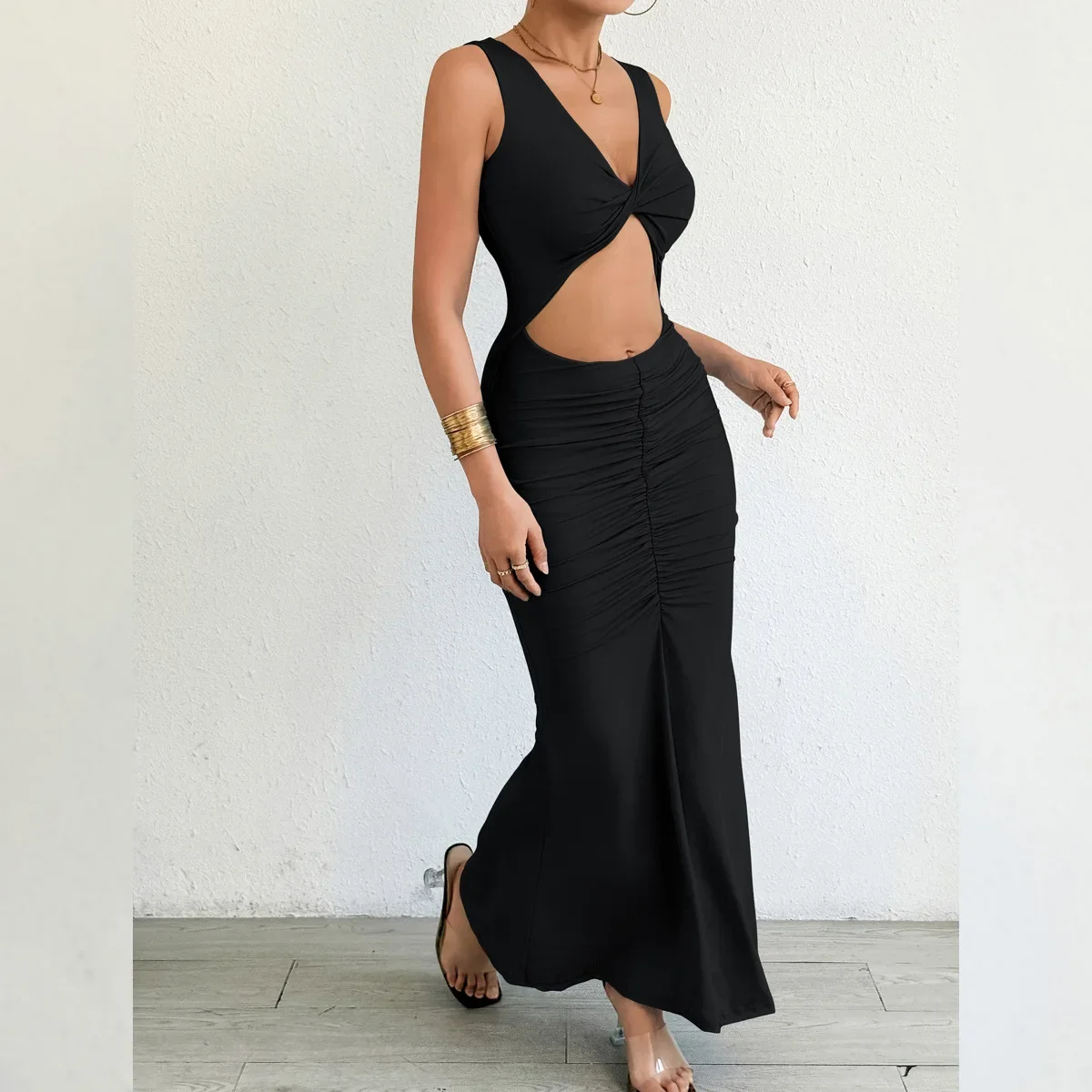 New Sexy Hollow Out Party Dress Women Elegant Sleeveless V Neck Bodycon Dress Women Fashion Evening Long Dress Black