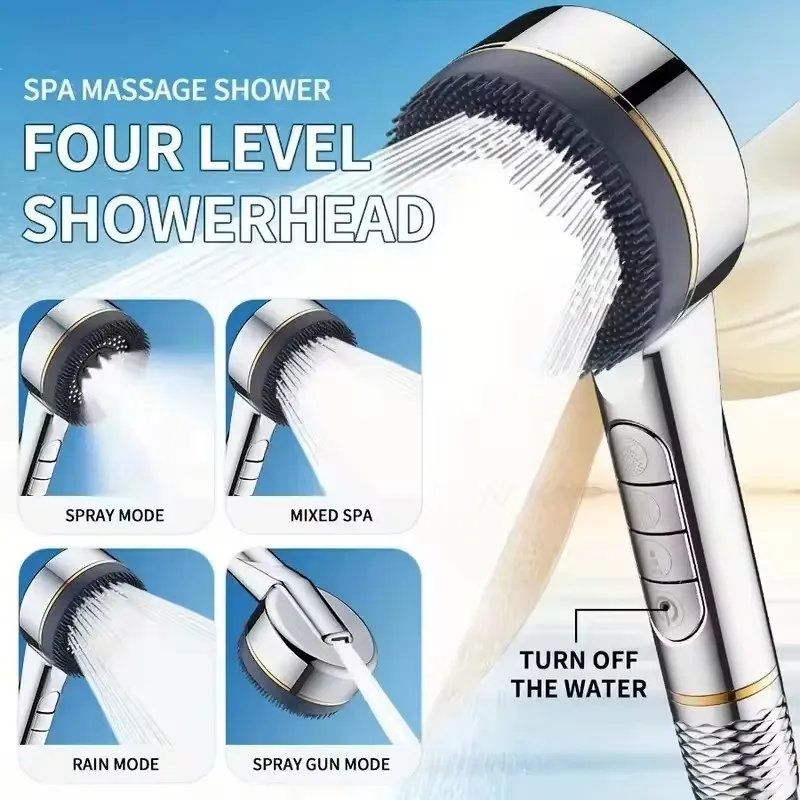 Bathroom Shower Head with Integrated Filter and Adjustable Four-Mode Water Flow Control, Multi-Purpose Design