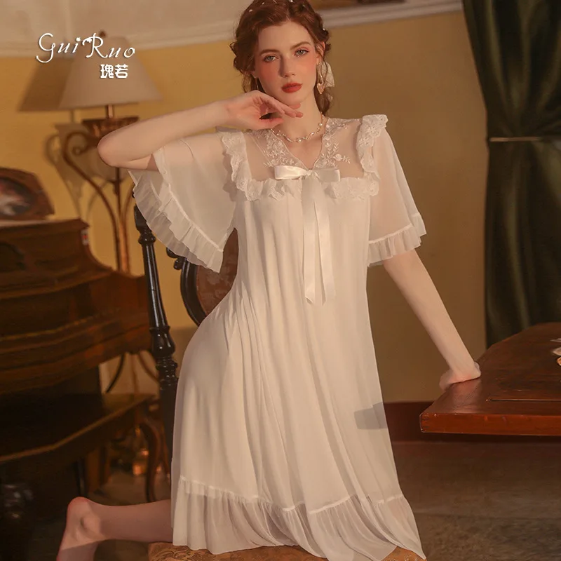 

Temperament Lolita Long Nightdress Ruffles Negligee Girls Sweet Vintage Nightgowns Women Elegant Japanese V-neck Dress Sleepwear