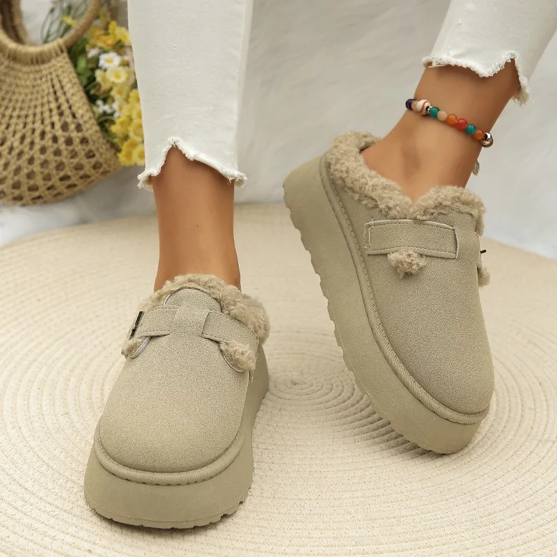 2024Fashion Plush Flat Shoes Women Suede Round Toe Solid Color Women Snow Boots Warm Flat Non-slip Women Ankle Boots Botas Mujer