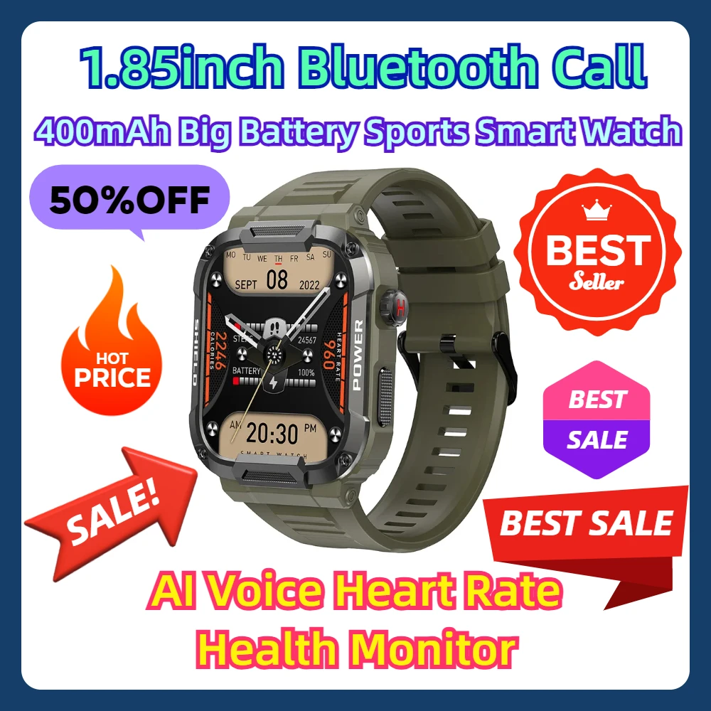 1.85inch Bluetooth Call AI Voice Heart Rate Health Monitor 400mAh Big Battery Sports Smart Watch