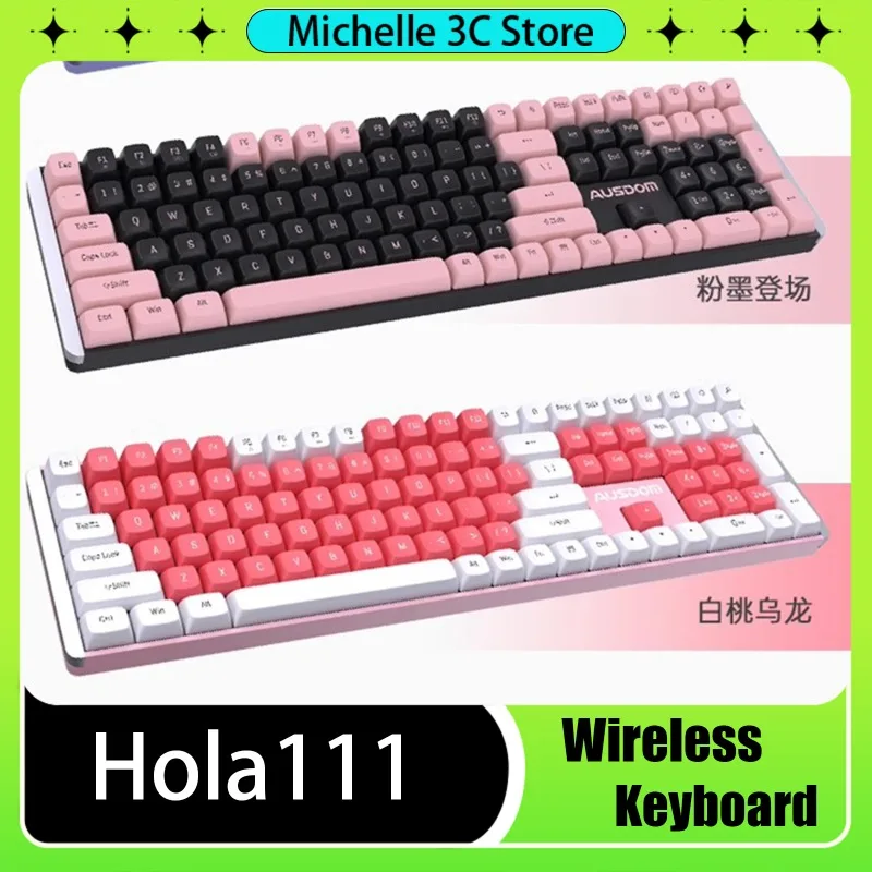 Hola111 Wireless Mechanical Keyboard 2.4GHz 100%Layout Gaming Esports Home Office Keyboard 111 Full Key for Windows PC Girl Gift