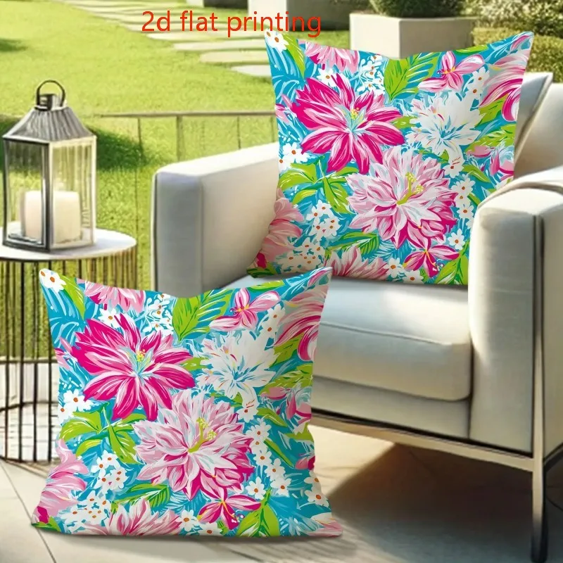 2PCS Decorative Pillow Cover Featuring Pink and Green Hibiscus Flowers for Indoor and Outdoor Double-sided Printed Cushion Cover