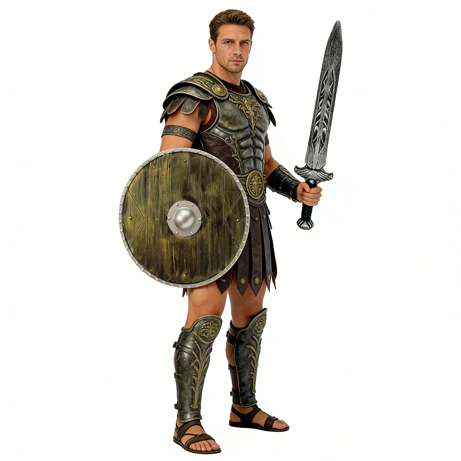 Warriors Realistic Halloween Wooden-grain Shield And Wide-sword Prop for Halloween Cosplay Party And Stage Performance 4