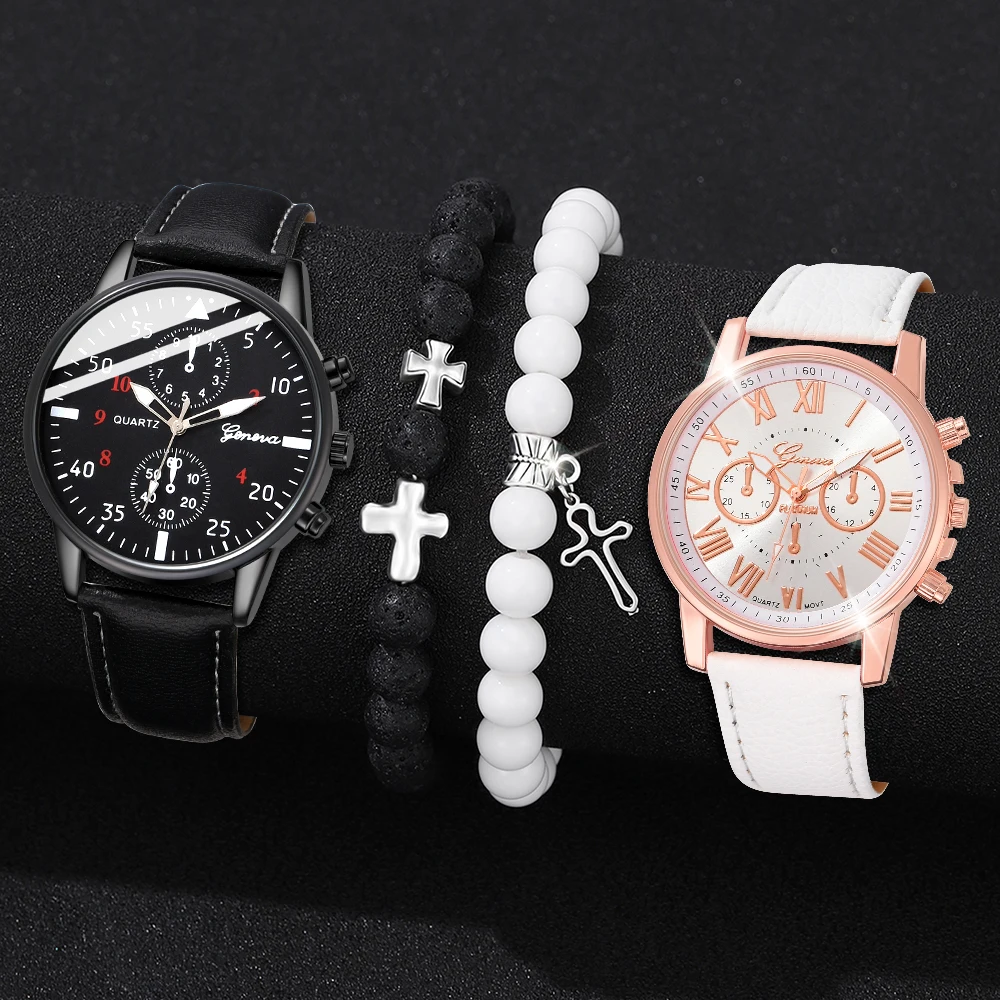 4 Piece Set Of Stylish Couple Watches Fashionable Leather Black And White Strap Women\'s Quartz Watch Bracelet Accessories Set