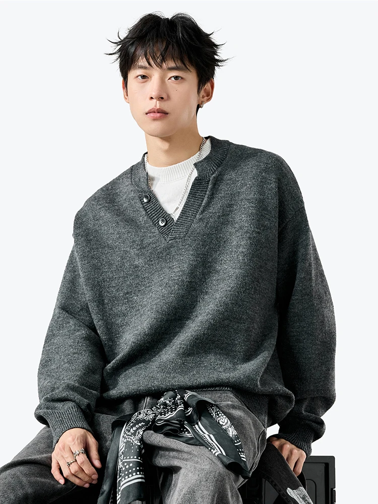 

Korean Sle Pure Color Loose Fit Knitted Sweater Men's Vintage Color Blo Oversized Versatile Small V-Ne Sweater