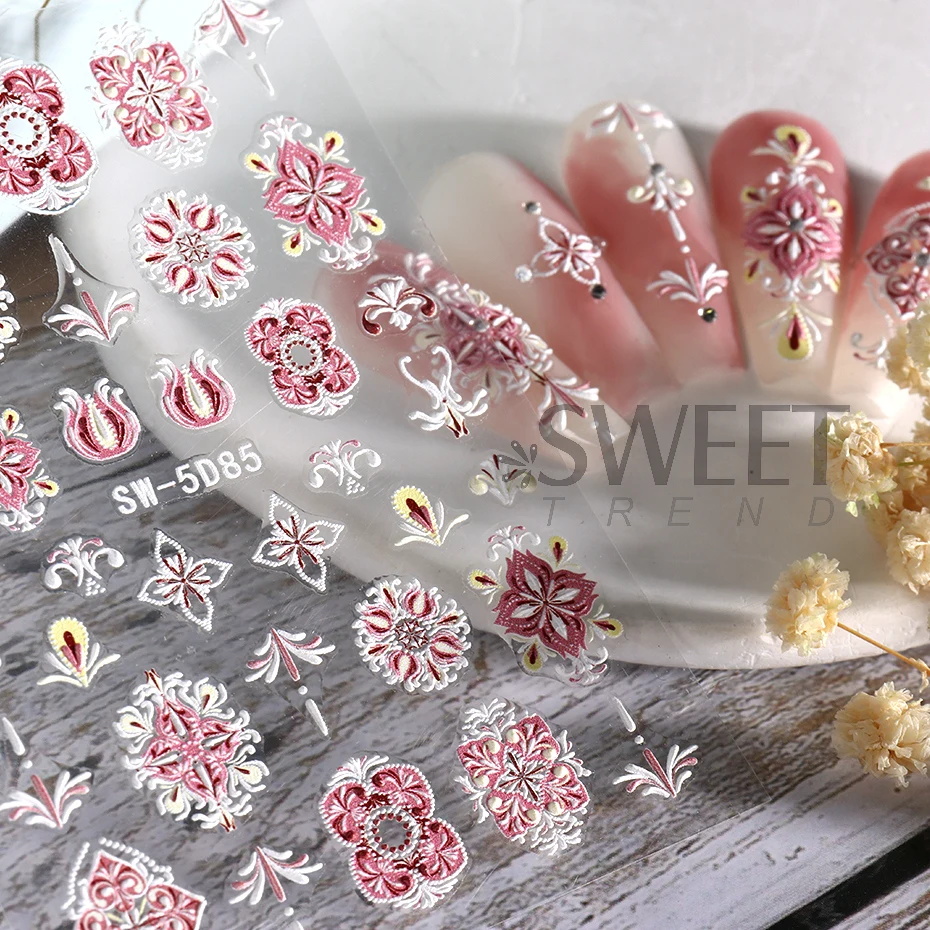 5D Acryl Bohemen Bloemen Nail Reliëf Sticker Bruin Filigraan Kant Stam Ontwerp Lijm Decal Charms Geweven Decoratie Sasw