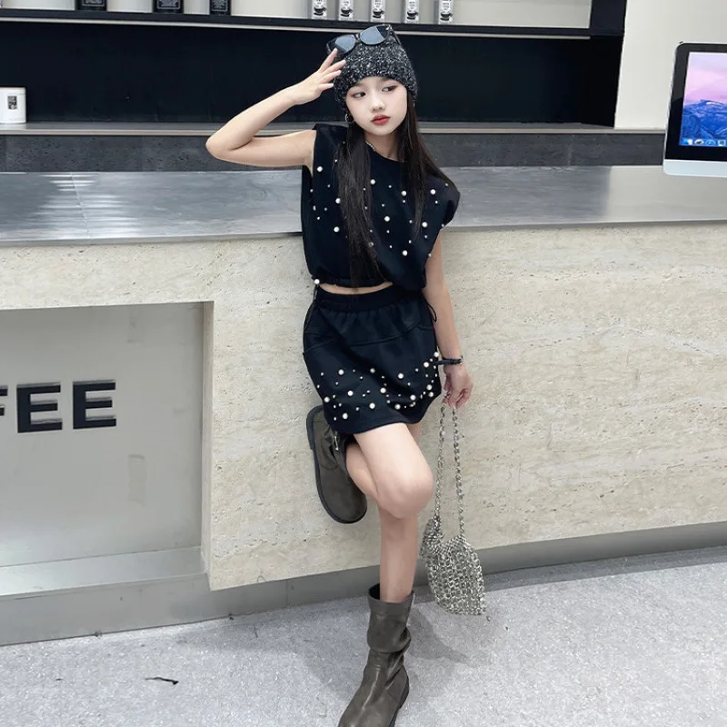 Girls 2025 Spring Summer New Casual Temperament Set Nail Bead Sleeveless Tank Top High Waist Skirt Two Piece Set Girls Clothes