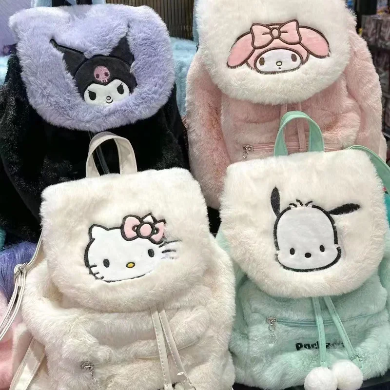 Cute Sanrio Plush Bag for Women's Niche Design Flip Backpack 29x27x13cm Trendy Casual Pochacco HelloKitty Melody Backpack