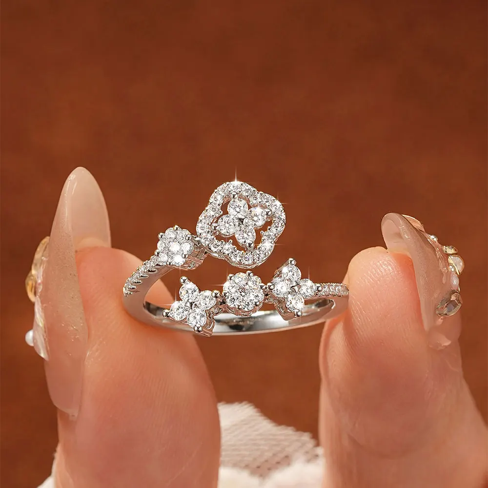 Lnkry 14 Karat Gold gefüllter verstellbarer Ring für Damen, exquisiter zertifizierter runder Moissanit-Ring mit vier Blättern, Blumenring, Schmuck, Geschenk – Detail 11
