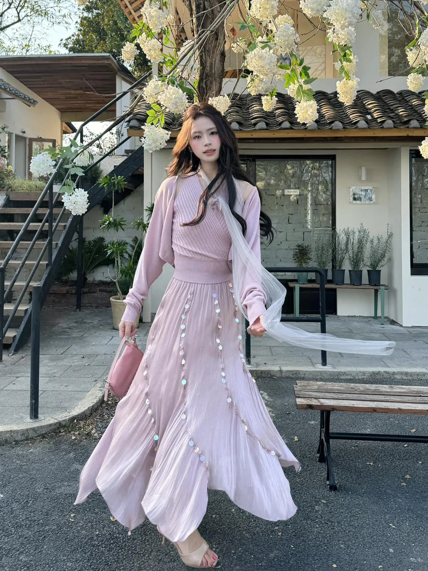 

Peter Pan Uncle Knitted Slim Fit Two-Piece Set with Cross Collar And Asymmetrical Hem Decorated with Beads Spring Faion for...