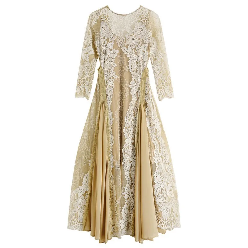 Sukienka midi retro z koronką 2025 damska wiosenna patchworkowa z dekoltem O, długim rękawem, luźna, sukienki boho bez pleców, szyfonowe sukienki wakacyjne