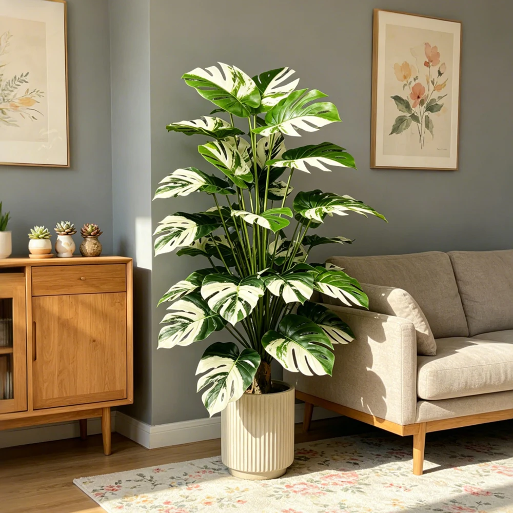 65-95cm Großer Künstlicher Monstera Variegata Baum, Künstliche Palmenpflanzen, Weiße Swiss Cheese Pflanze für Heim, Party, Outdoor, Hochzeitsdekoration – Detail 4