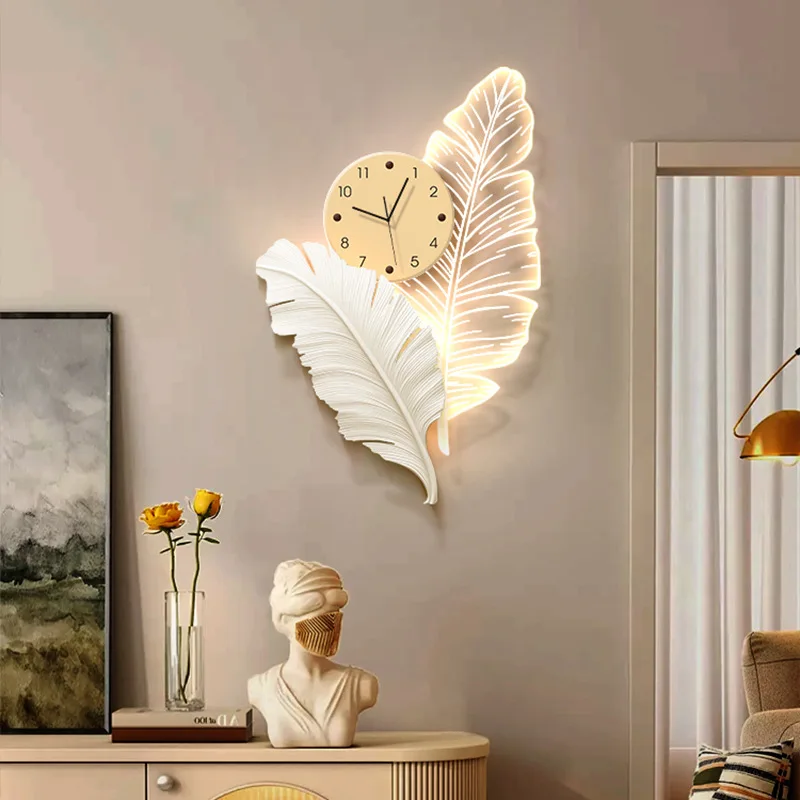 Cream wind feather clock decoration painting, background wall ambient light luminous wall clock wall light