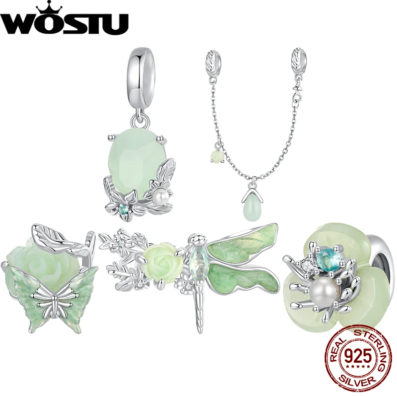 WOSTU 100% 925 Sterling Silver Green Enamel Garden Insect Charm Monet Impression Beads Original for Women Bracelet Spring Gift