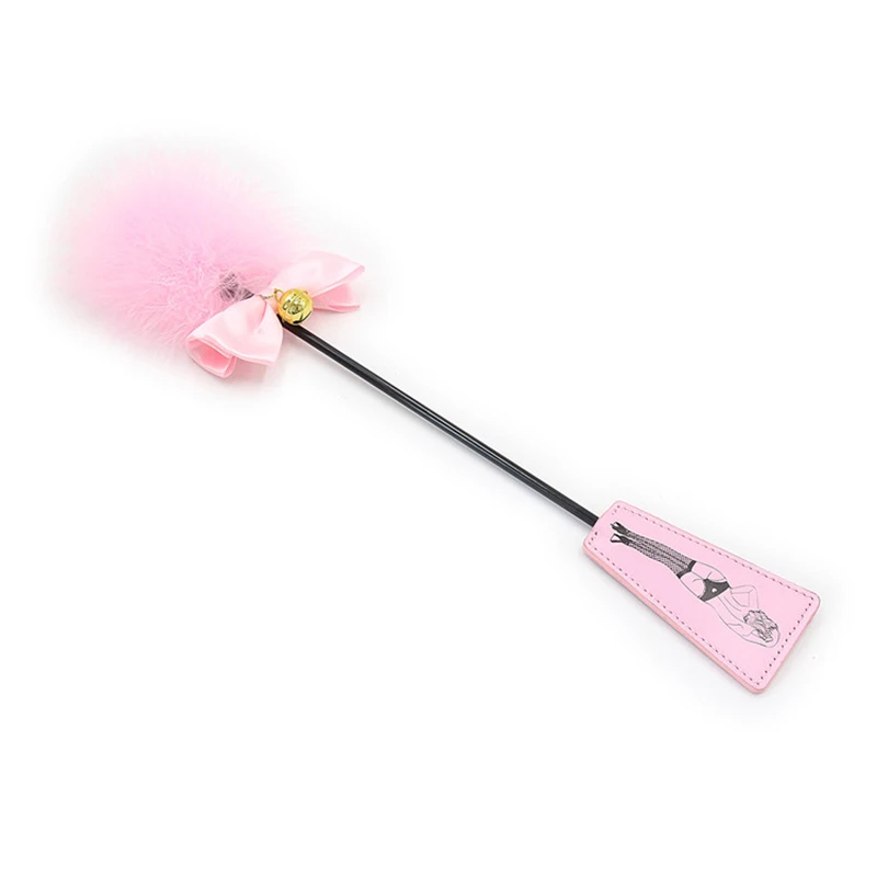 46CM PU Leather Horse Whip Paddle,  Decoration Golden Bell Pink Feather Paddle for Stage performance props