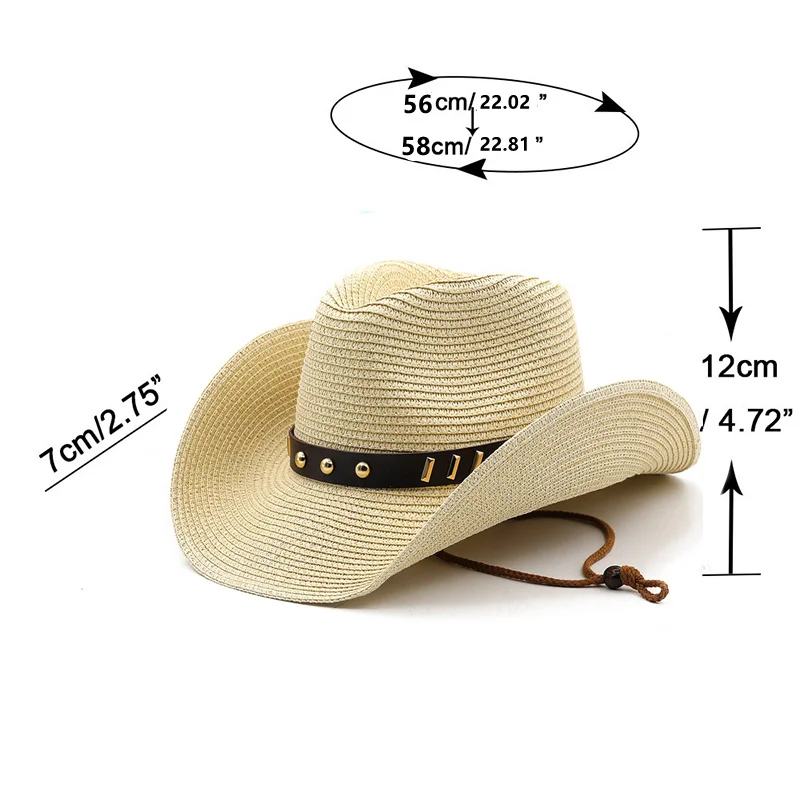 Straw Cowboy Hat with Metal Plated Hatband Shapeable Cowgirl Jazz Caps For Dad Summer Western Sombrero Vacation Beach Sunhat