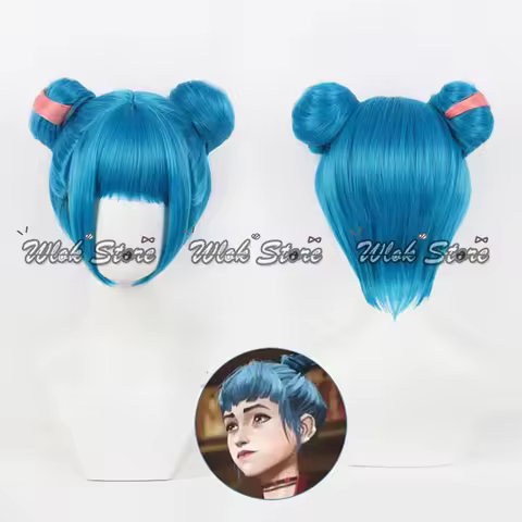 Game LOL Arcane S2 Jinx Powder Cosplay Wig Jinx Double Bun Blue Hair Woman Halloween Party Carnival Roleplay Heat Resistant Wigs