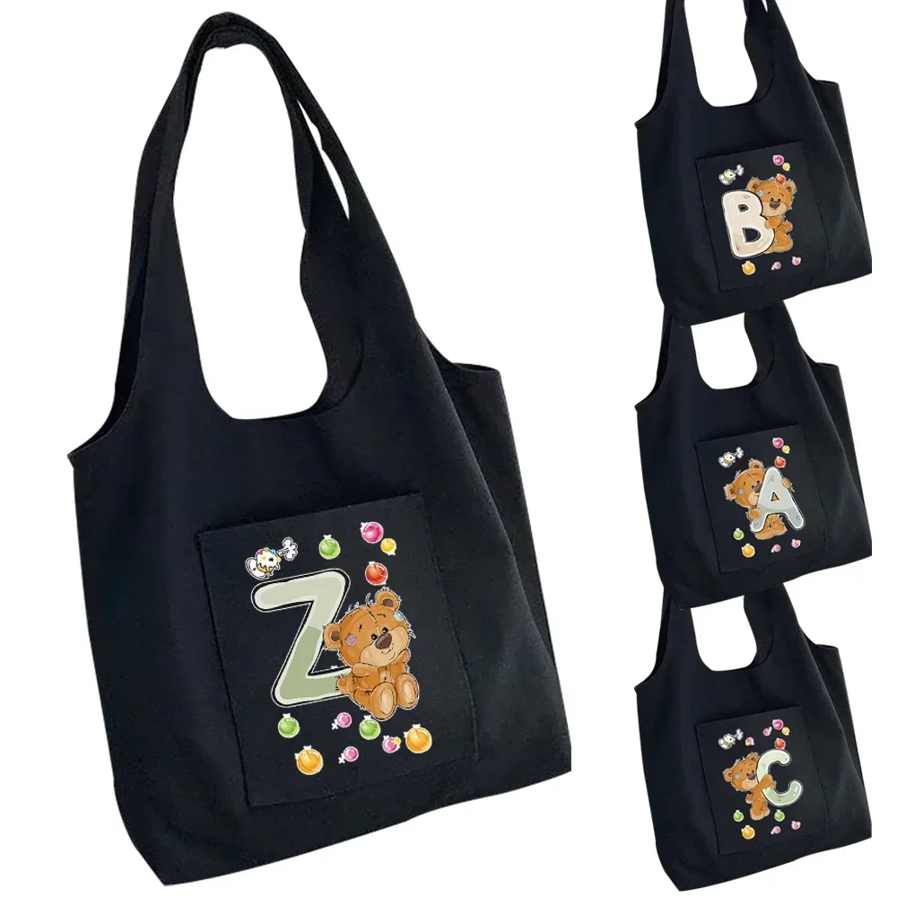 

Shopper Bag Women Canvas Handbags Fashion Travel Messenger Shoulder Bags Bear Print Washable Grocery Storage Bags Tote Bag