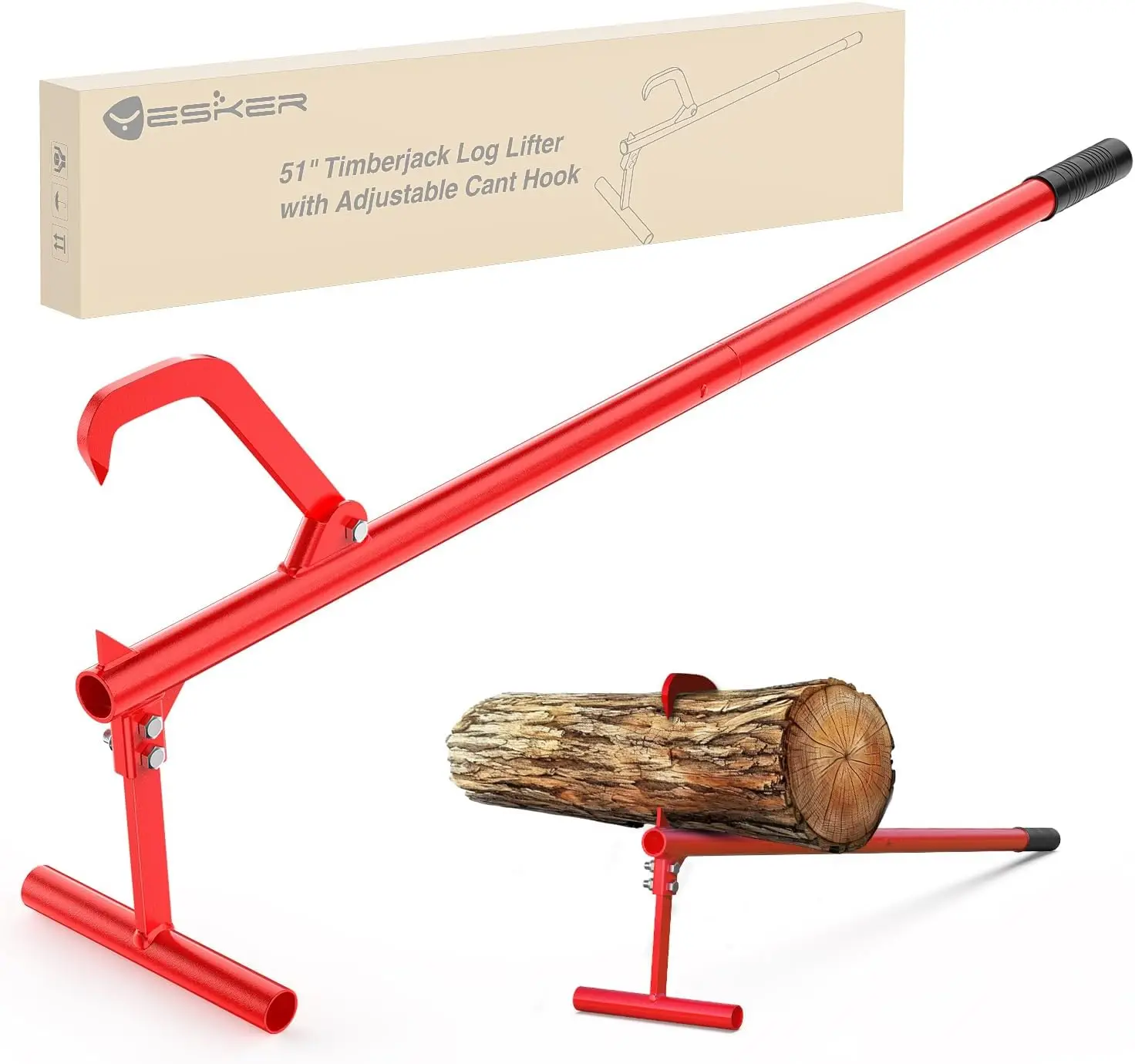 

51" Cant Hook for Log Rolling, Adjustable Steel Hook, Heavy Duty Log Lifter for Firewood, Red
