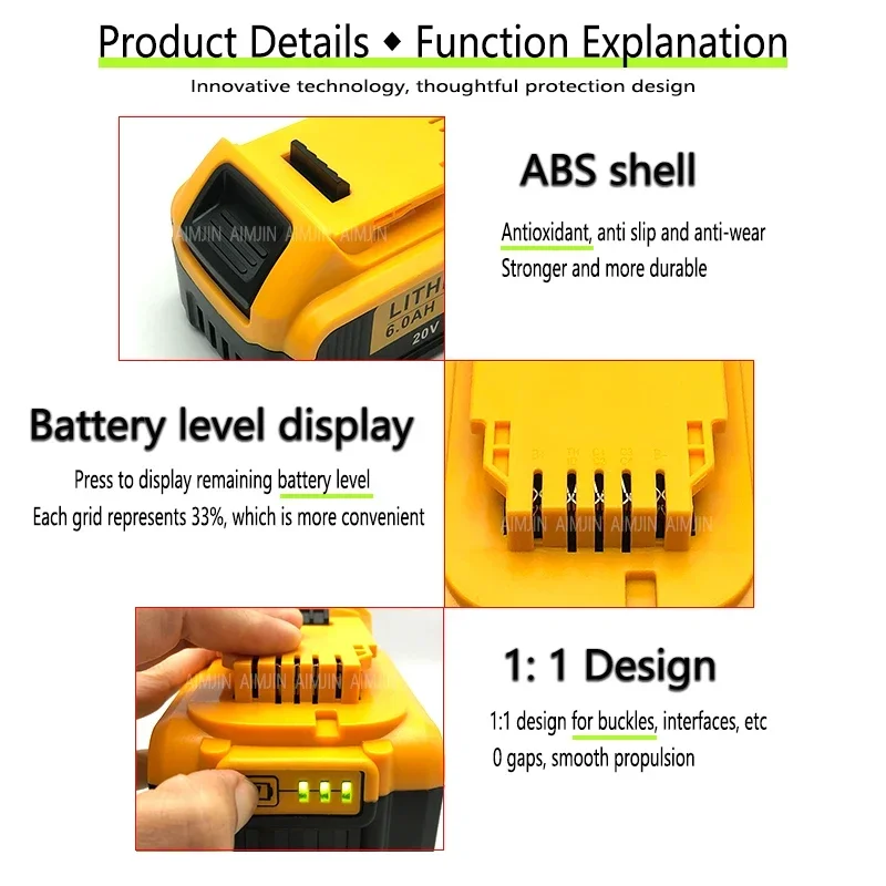 For 20V 6.0Ah Lithium Battery for DEWEI power Tools DCB206 DCB184 rechargeable electric tool set 20v 6000mah Battery