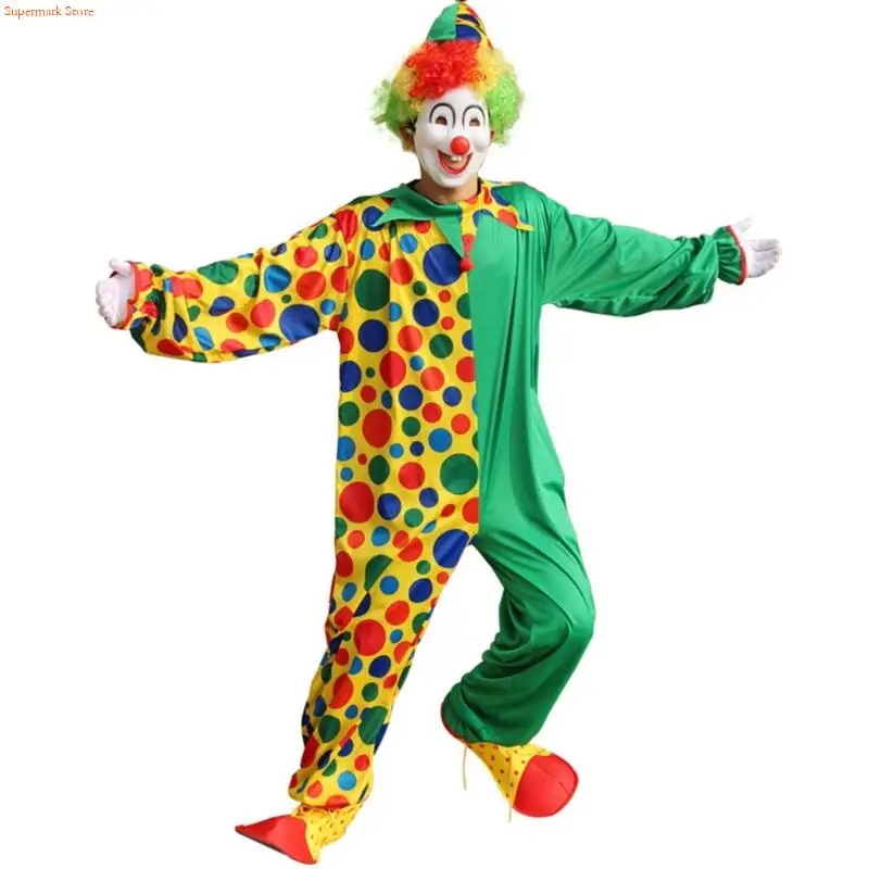 

Q5WE 2Pieces Adult Clown Costume with Colorful Headwear Clown Jumpsuit for Cosplay Halloween Party Stage Performances