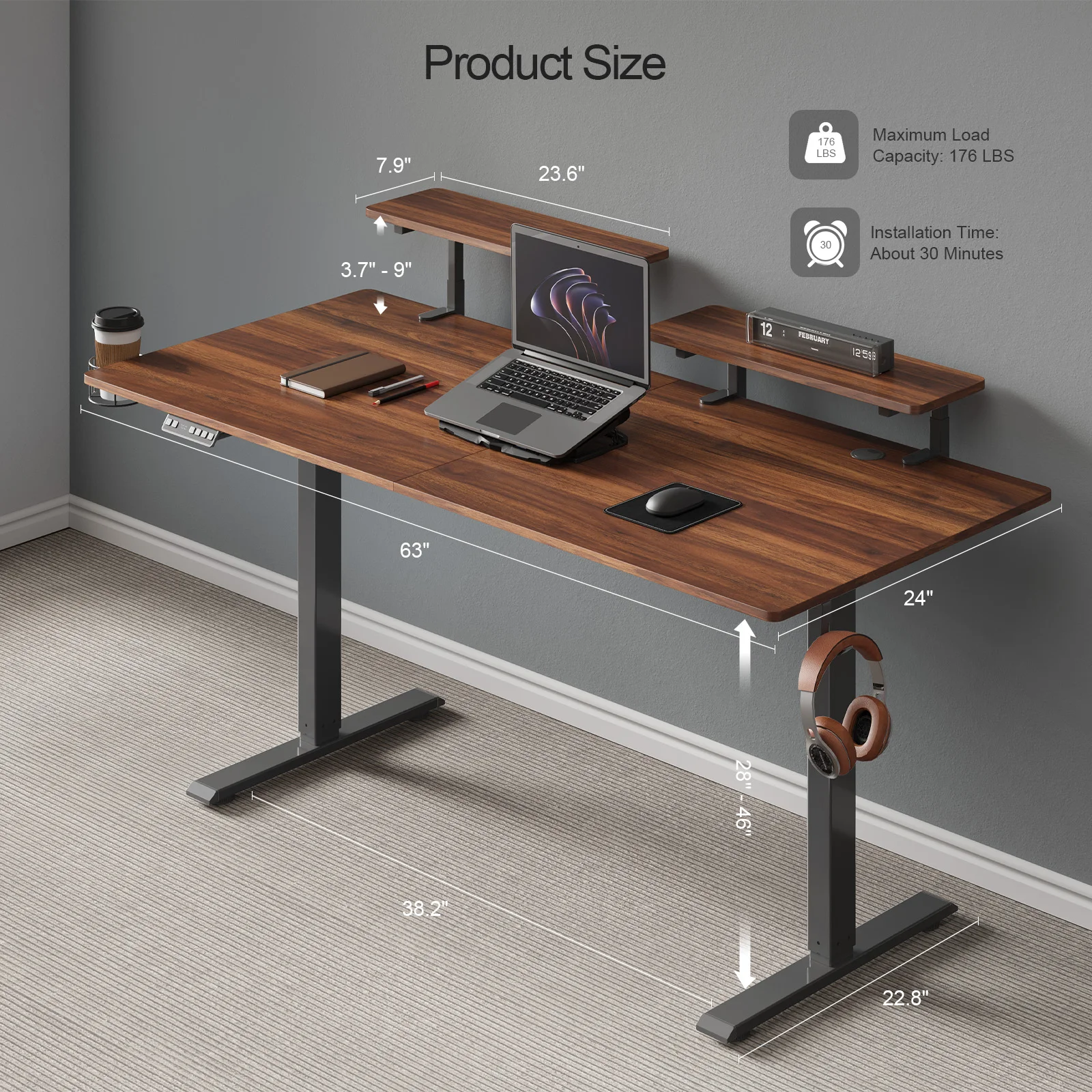 Standing Desk w/ 2 Adjustable Monitor Shelves,Electric Stand Up Desk with Memory Controller & Adjustable Height