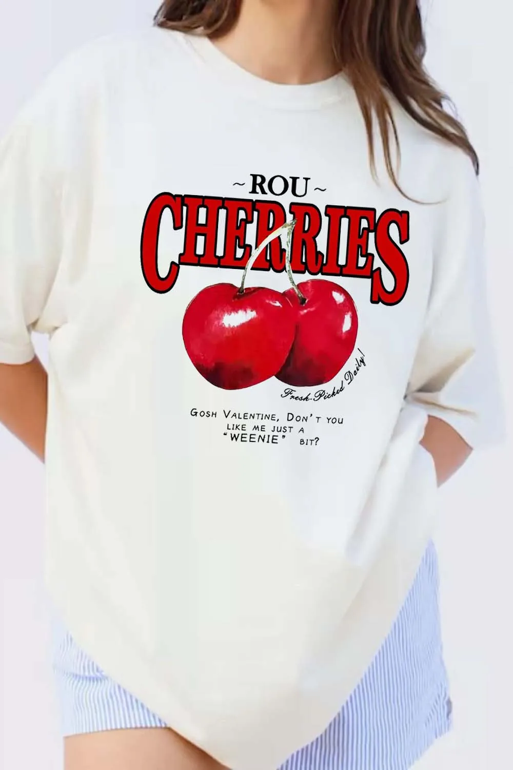 Rou cerises graphique femmes T-Shirt coton Kawaii mignon décontracté ample surdimensionné fruits femme T-Shirt manches courtes haut d'été