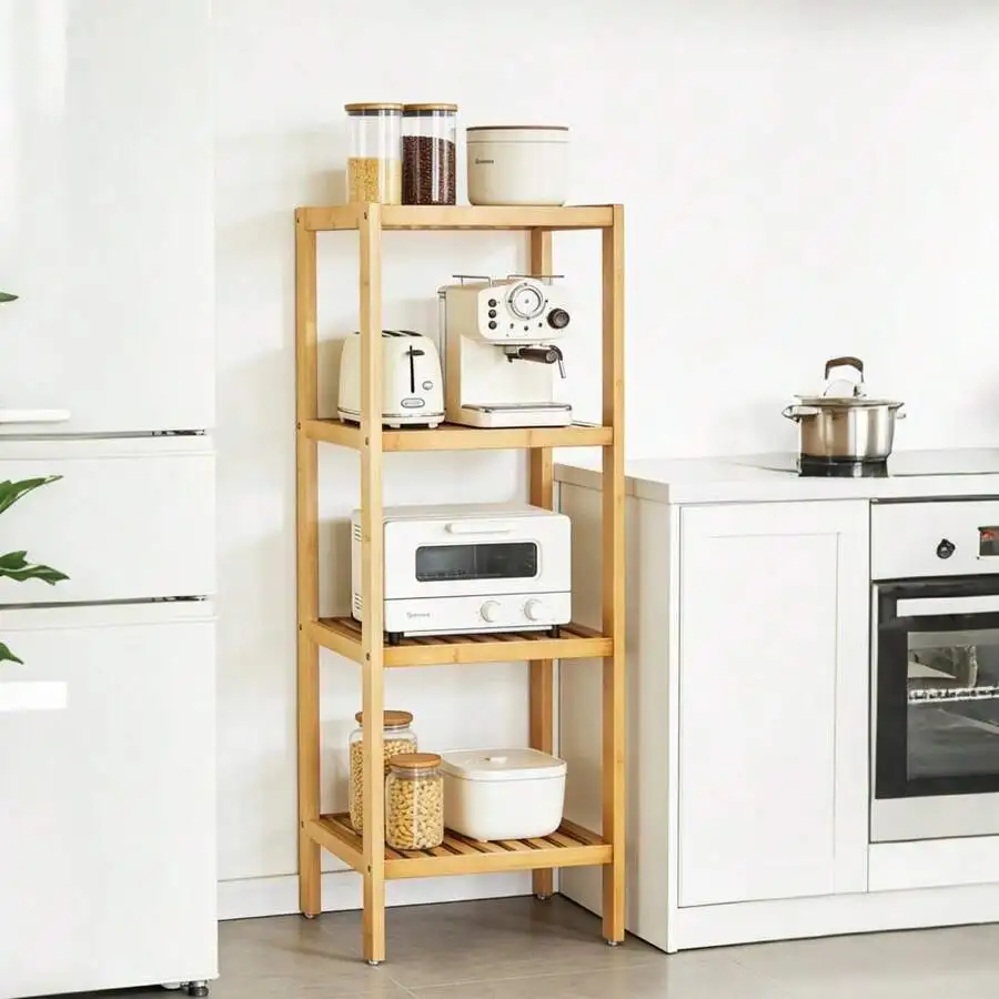 4 Tier Bamboo Shelf Narrow Bathroom Organizer Freestanding Rack Slatted Plant Stand Standing Storage For Kitchen Bedroom