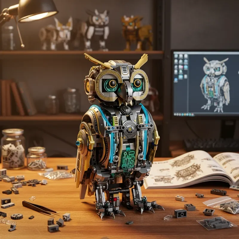 FUNXINEE 1296ピース モーター駆動フクロウブロック 高度な組み立てチャレンジ 光る目 キネティックモーション MOC ディスプレイ コレクターズギフト