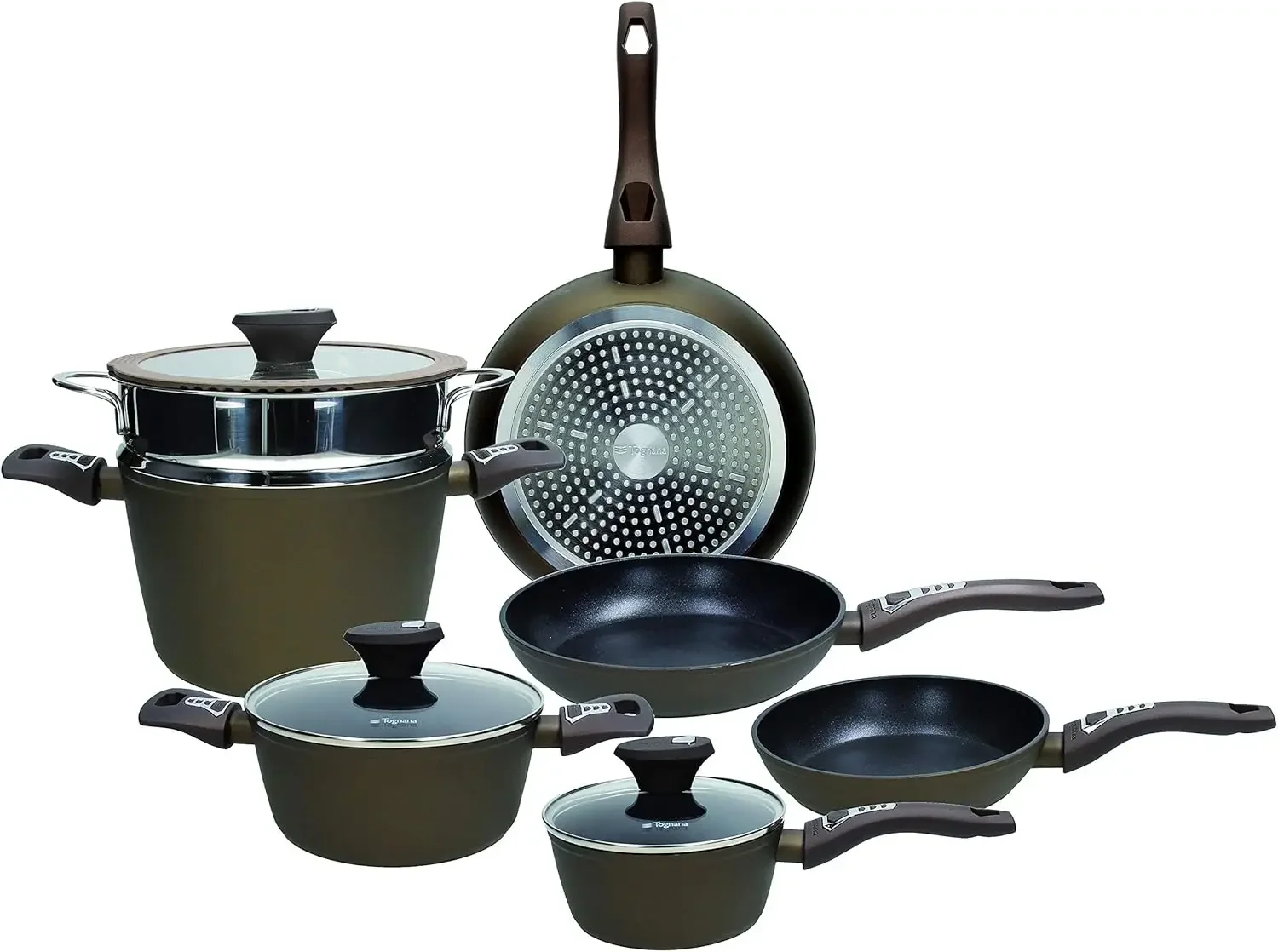 Tognana Diamantea, Batteria di pentole e padelle, Set mit 3 padelle, 2 braadpan, 1 pentola, 1 cestello vapore, 3 coperchi trasp