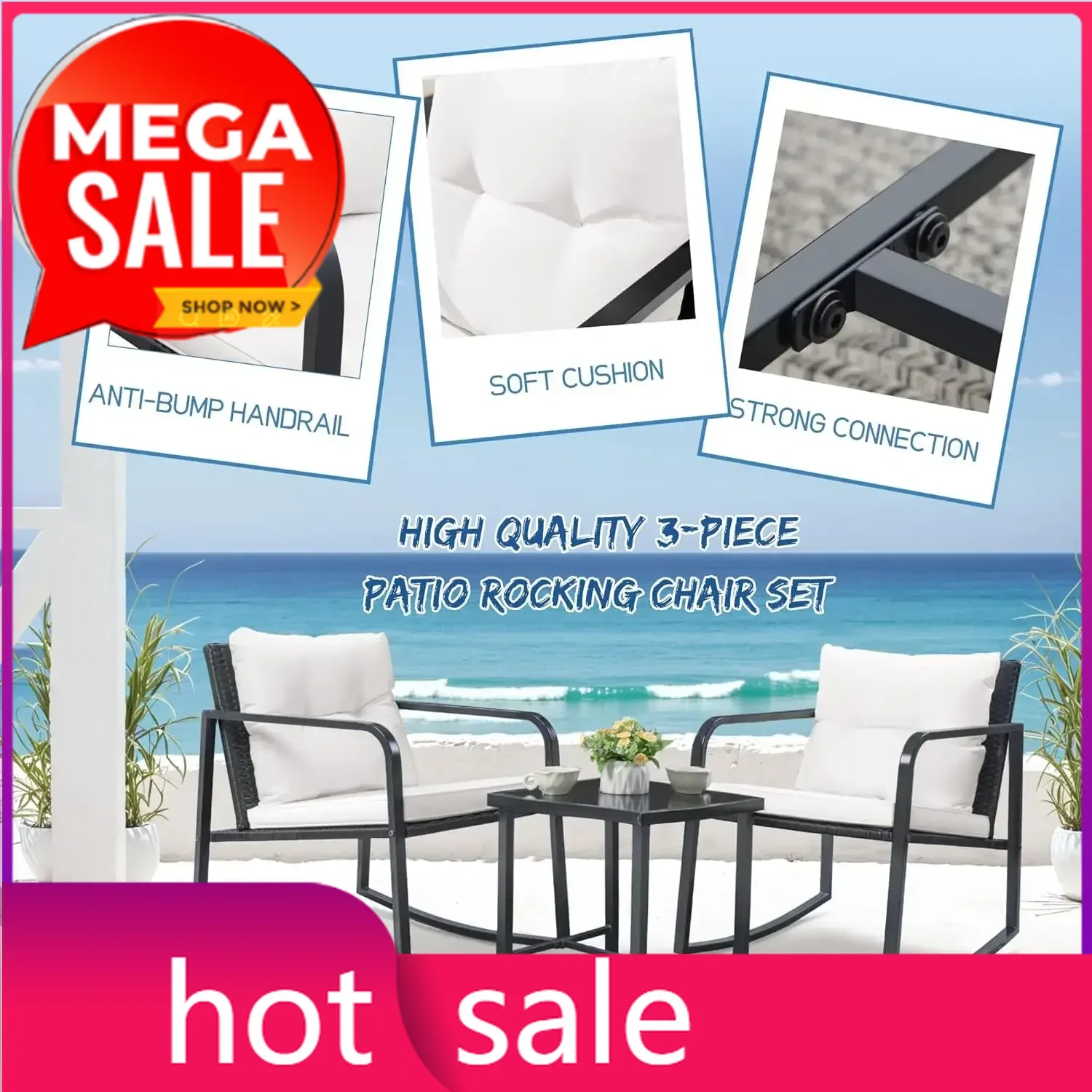 

Bestseller3 Pieces Rocking Wicker Bistro Set, Patio Outdoor Furniture Conversation Sets with Porch Chairs and Glass Coffee Table