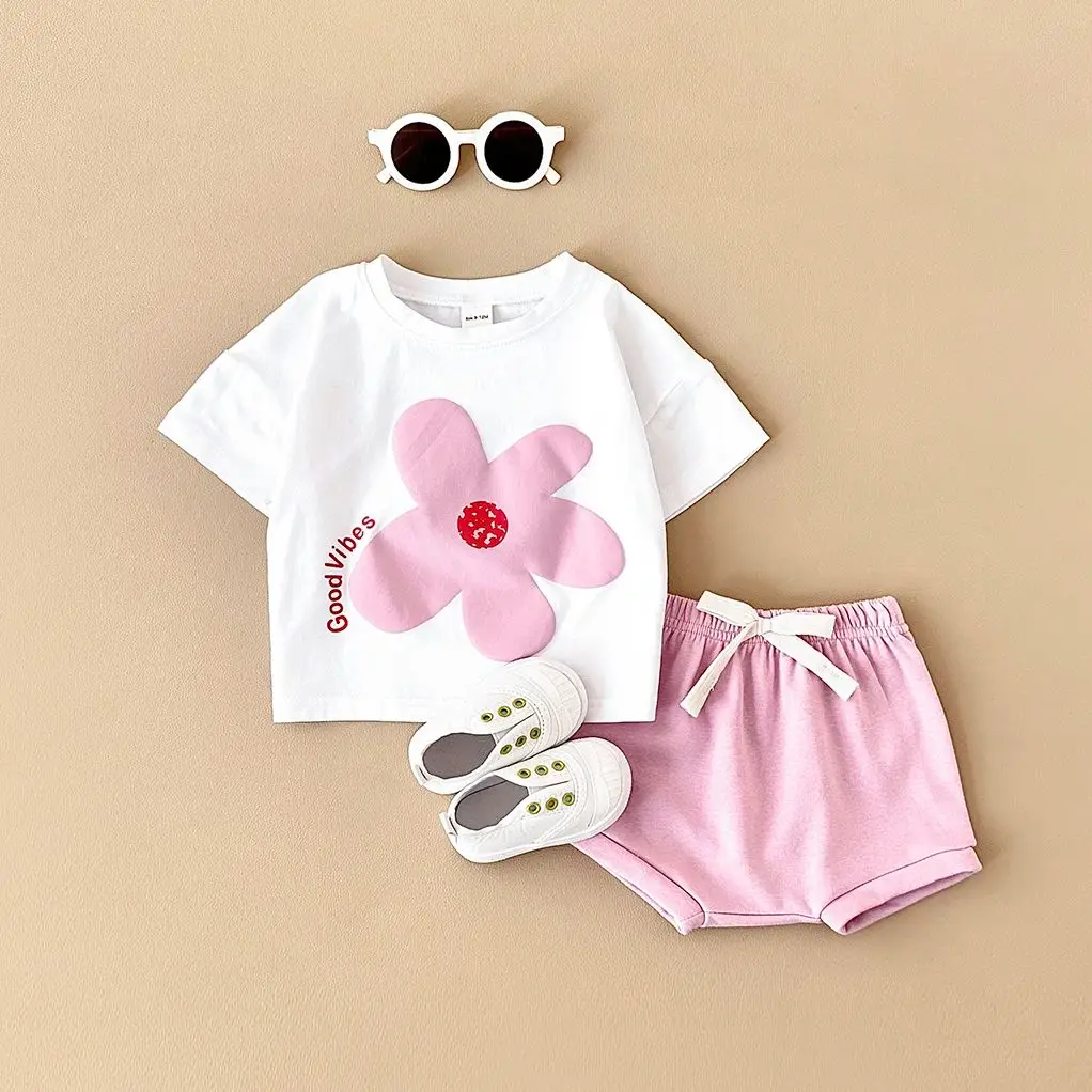 

Summer New Newborn Girls Clothing Set Flower Print Short Sleeved T-shirt+Beach Shorts Cotton Leisure Vacation Boys Suit 0-3Y