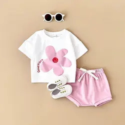 Summer New Newborn Girls Clothing Set Flower Print Short Sleeved T-shirt+Beach Shorts Cotton Leisure Vacation Boys Suit 0-3Y