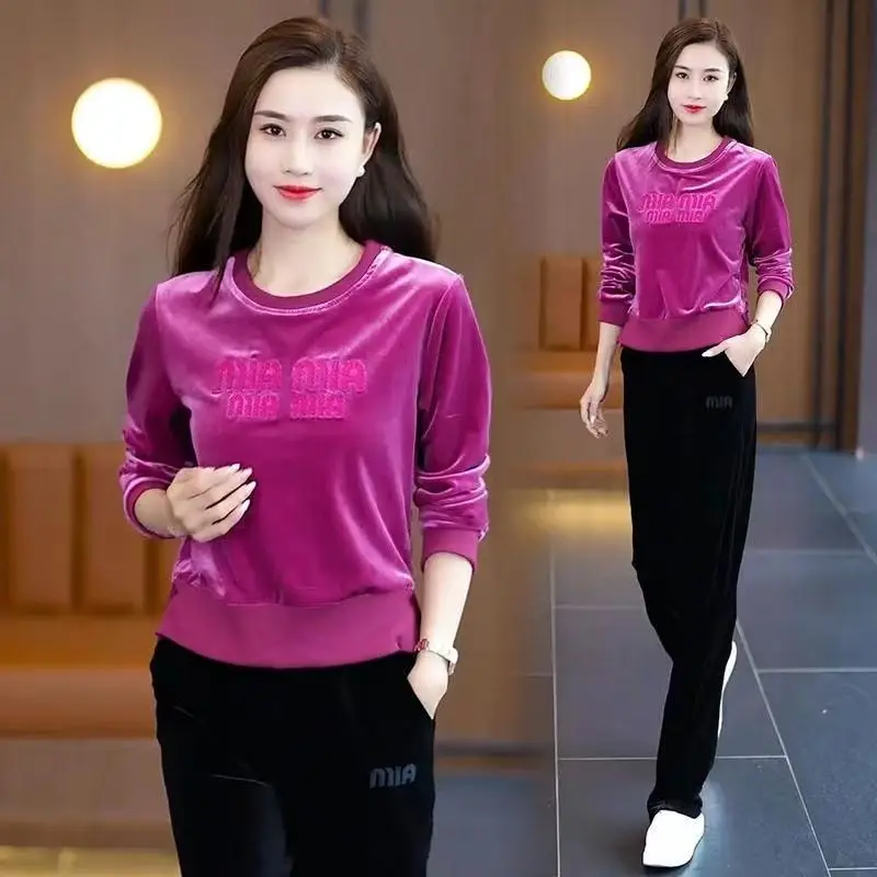 Women\'s Fashion Golden Velvet Sportswear Suit Spring Autumn New Casual Round Neck Crop Tops And Pants 2 Two Piece Set For Women