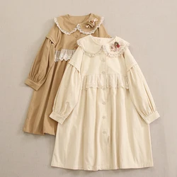 Japanese Sweet Mori Girl Vintage Lace Patchwork Cotton Shirt Dress Women Peter Pan Collar Long Sleeve Single Breasted Midi Dress