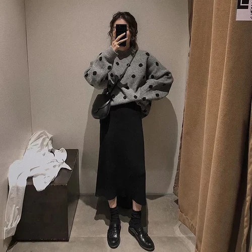 2023 Autumn and Winter Female Sweater Long Sleeve O-neck Women's Knitted Pullovers Fashion Polka Dot Ladies' Clothes Vintage Top