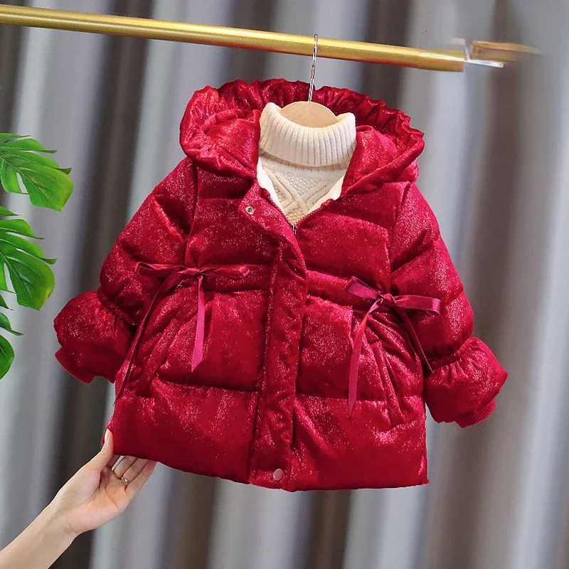 Coat Girls Children Cotton Clothing Winter New Thick Baby Coat Hooded Soild Simple Long Sleeve Pocket Elastic Waist