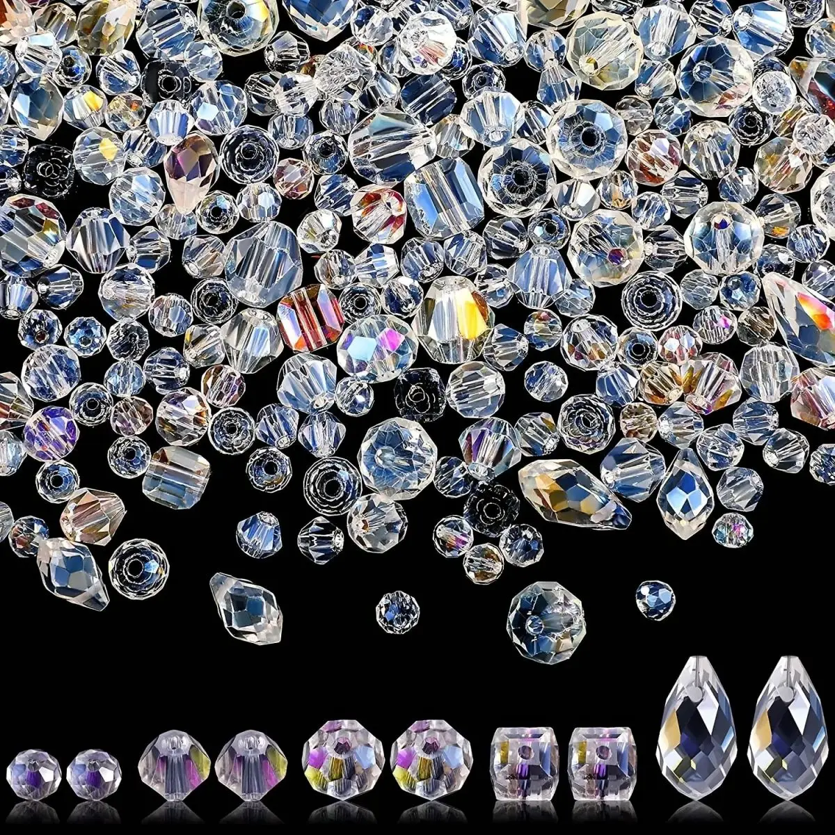 300pcs Crystal Glass Beads Mixed Crystal Glass Beads Various Crystal Beads Bulk Glass Beads For DIY