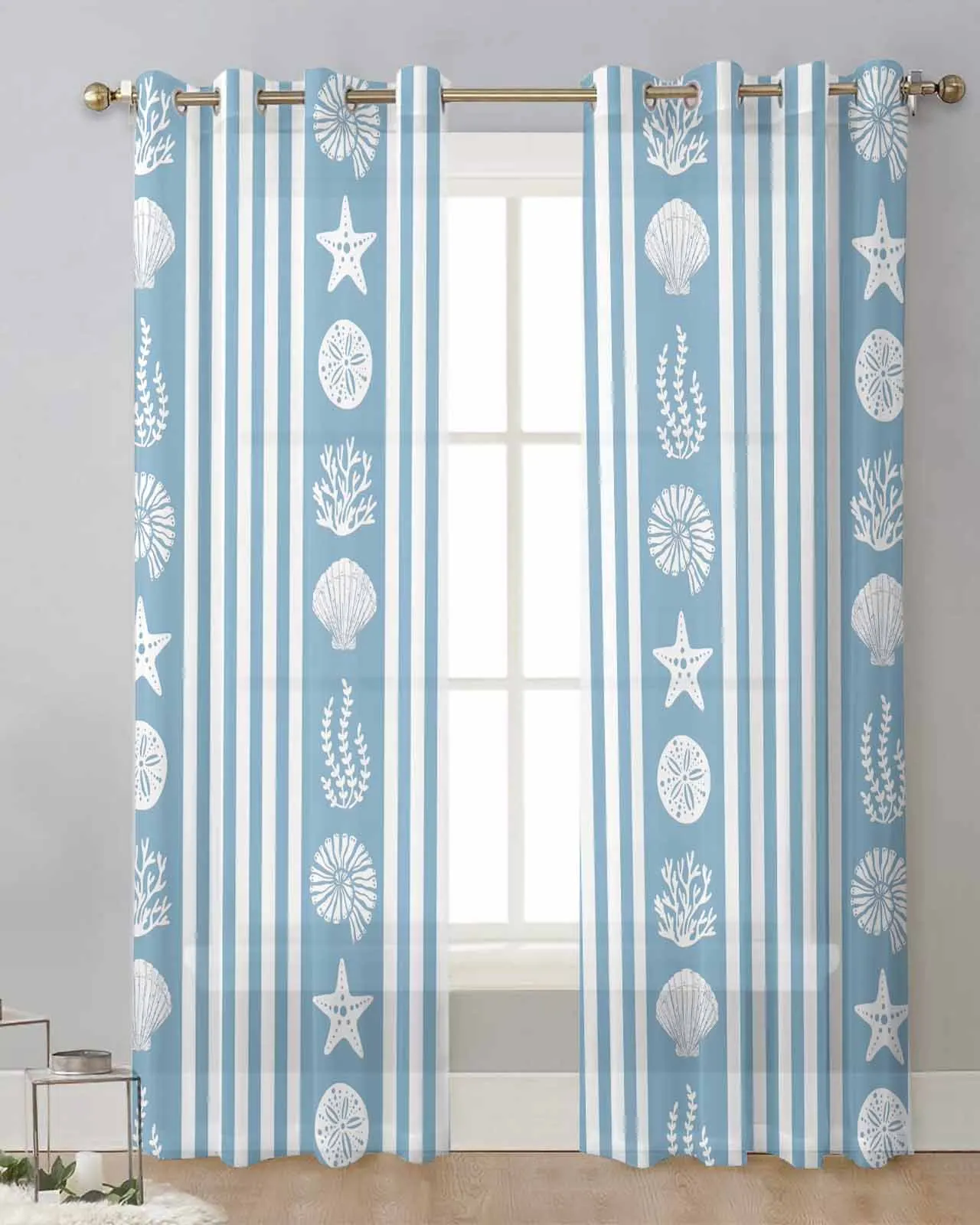 Ocean Striped Starfish Shell Jellyfish Coral Blue Sheer Curtains for Living Room Printed Tulle Window Curtain Luxury Home Drapes