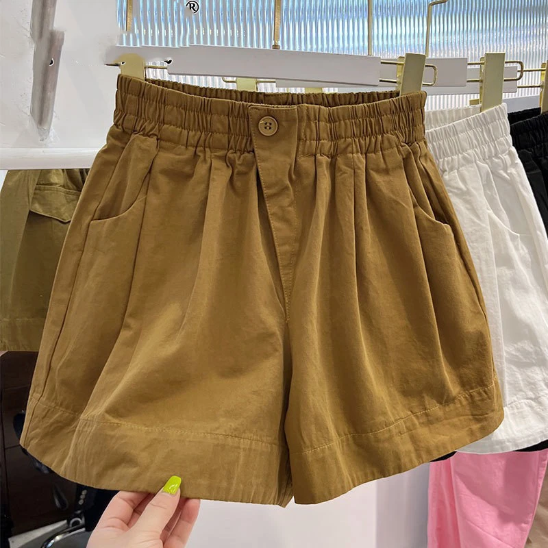 Simplicity Casual Summer Solid Women's Elastic Waist Button Pockets Pleated Fashion Versatile High Waist A-line Wide Leg Shorts