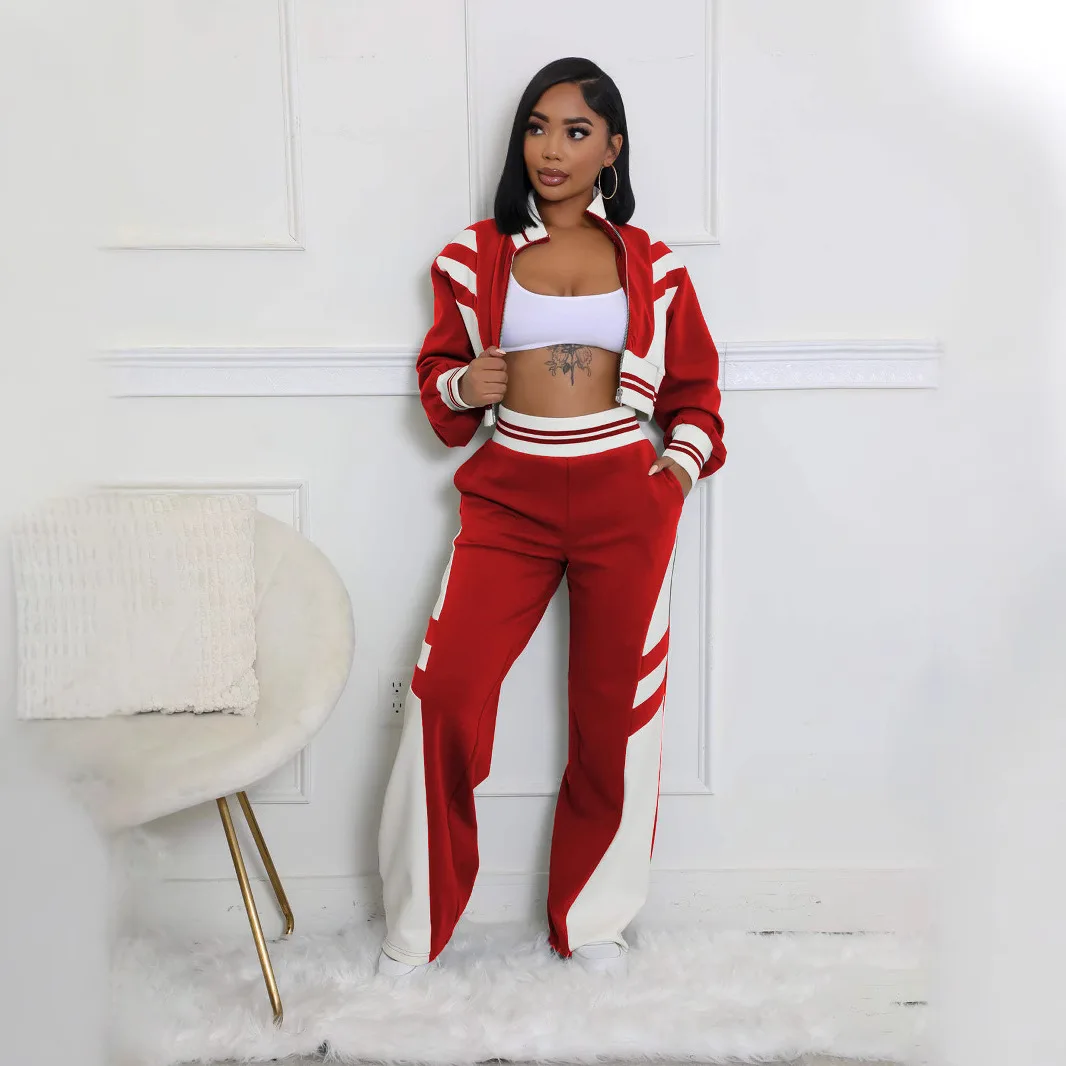 Conjunto de calças femininas conjuntos de duas peças gola alta conjuntos de correspondência manga y2k streetwear curto topos casacos perna larga calças compridas jogger
