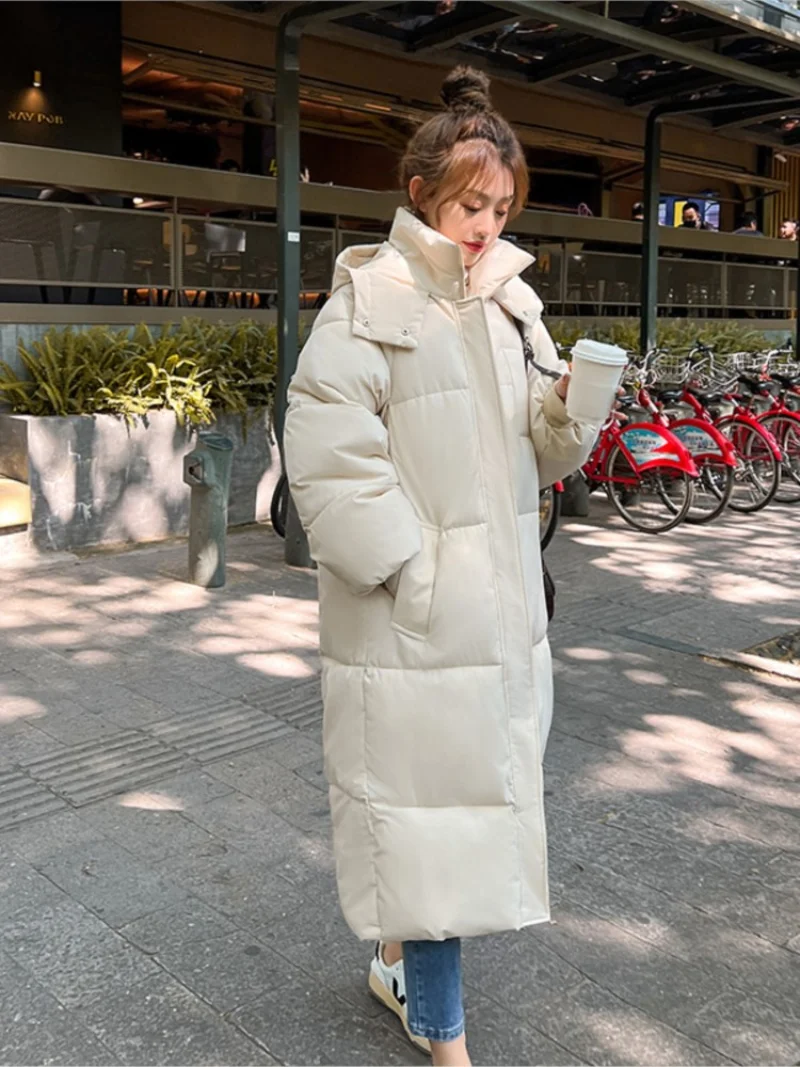 Chaqueta larga de plumón por encima de la rodilla para mujer, abrigo suelto con capucha, ropa de invierno para mujer, prendas de vestir exteriores