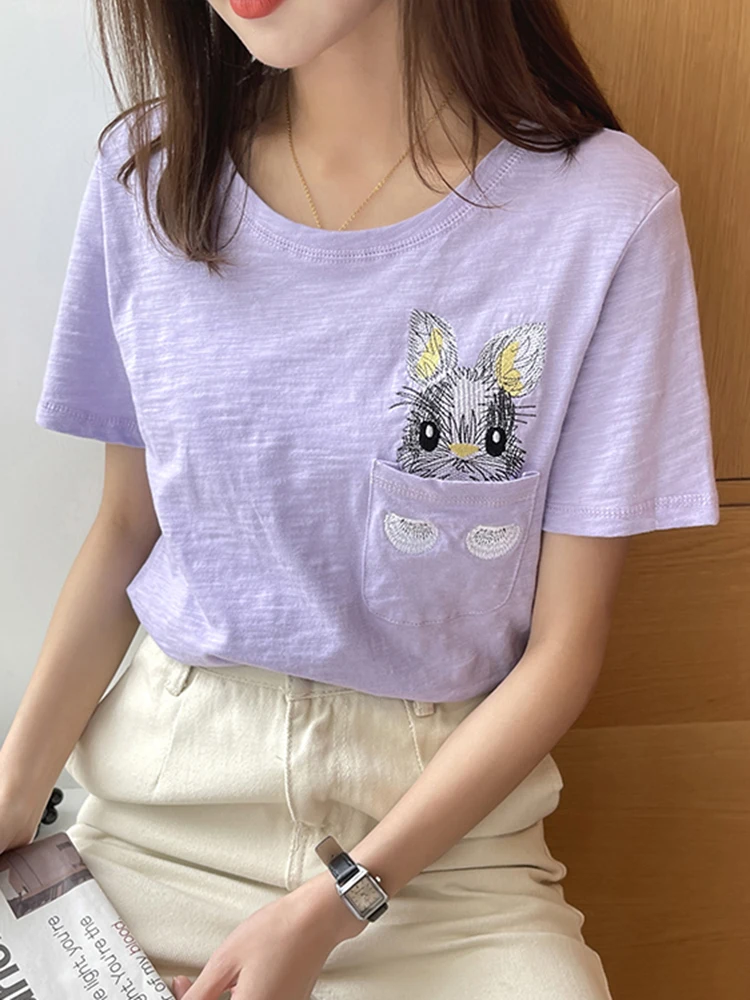 gkfnmt T shirt Women Tops Cotton Linen Embroidery White Tshirt Korean Summer Short Sleeve Tee Shirt Loose 3XL Women Clothes